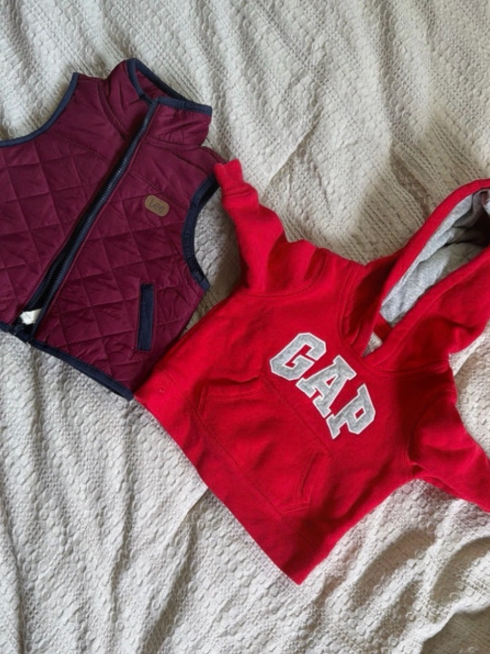 Lee Quilted Maroon Baby Vest with Navy Trim and Gap Red Hoodie